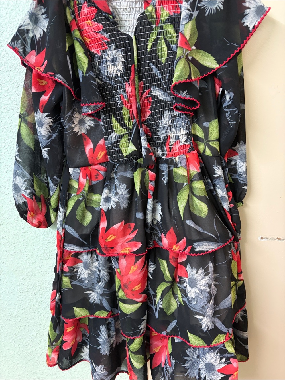 Girls Black Floral Ruffle Tiered Dress - Red & Green Bloom